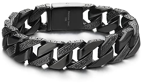 COOLSTEELANDBEYOND Top-Qualität Panzerkette Herren Armband Edelstahl mit Griechischen Schlüsselmuster, Hochglanz Poliert Farbe Schwarz