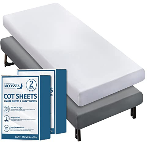 Cot Sheets 31 x 75(2 Pack), Cot Fitted Sheet Ultra Soft and Breathable Snug Fit for Narrow Twin Mattress/Camp Bunk Beds/RVs Bunk/Guest Beds/Army Cots/Trifold Mattress Grey and White, Cover Only