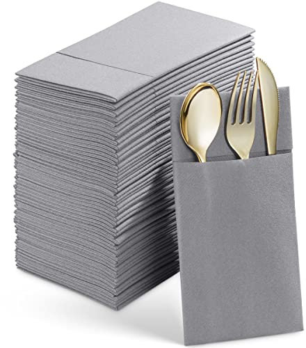 Engångs linnekänsla middagsservetter med inbyggd bestickficka, 50-pack GRÅ Prefolded tyg som pappersservetter för bröllop, middag eller fest