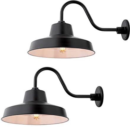 Flynix Lámpara de granero de cuello de cisne para exteriores de 14 pulgadas con brazo de extensión largo, granja, vintage, estilo antiguo, almacén, garaje, exterior, industrial, porche, color negro