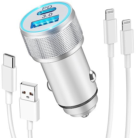 Cargador Coche Carga Rápida y Cables para iPhone, Cargador Mechero 2 Puertos 38W y 2X Cables Lightning 1m, Adaptador USB C con PD/QC, Compatible con iPhone 14/13/12/11/Pro/Max/Plus/mini/SE