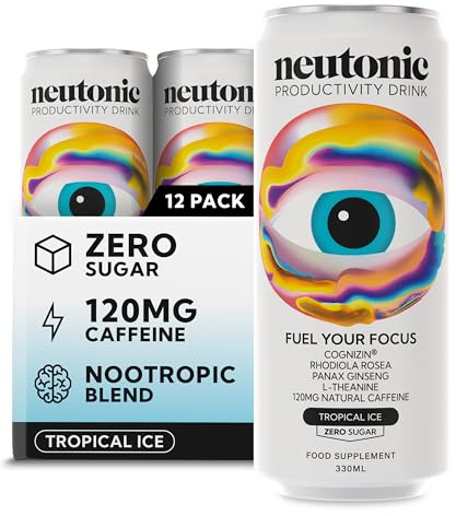 Neutonic Nootropic Productivity Energy Drink | Tropical Ice 12 Cans | 120mg Natural Caffeine, Zero Sugar | Support Energy, Mental Performance, Cognitive Function | Support Focus, Brain Health