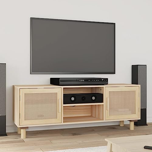 Tidyard TV Schrank mit 4 Fächern Lowboard TV Möbel Sideboard Fernsehtisch Fernsehschrank HiFi-Schrank Braun 105x30x40 cm Massivholz Kiefer Natur-Rattan