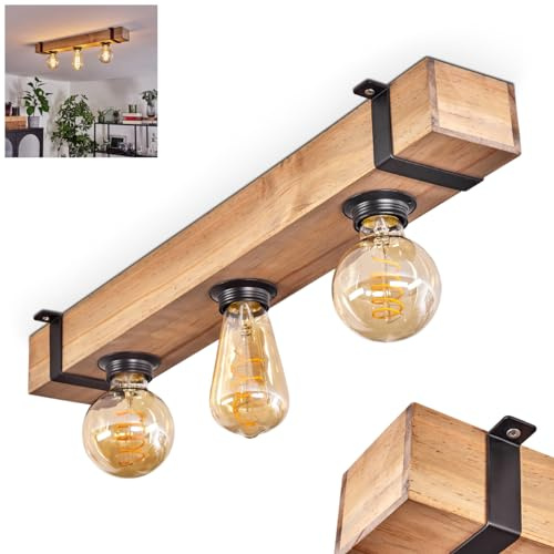 HOFSTEIN Deckenleuchte Montgomery, 3-flammige Deckenlampe aus Holz/Metall in Natur/Schwarz, Leuchte im Industrial/Retro/Vintage-Design mit Holzbalken, E27, Esszimmer, Küche, Wohnzimmer, Schlafzimmer
