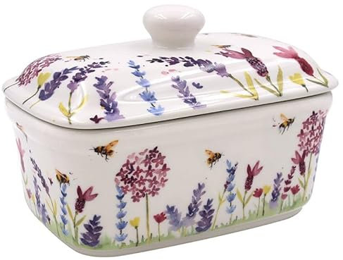 The Leonardo Collection Ceramic Butter Dish with Lid Lavender Bees Handpainted Floral Large Fine China