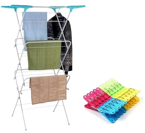 IFJA 3 Tier Heavy Duty Large Clothes Airer, Laundary Clothes Drying Rack, Maiden Clothes Dryer/clothes Airer, Clothes Dryer Airer Indoor/Outdoor Folding Arier Clothing (16m, Blue)