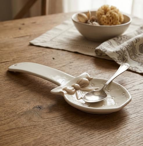 Poggiamestolo in ceramica elegante bianco e tortora decorato coll. fiocco 22008FT