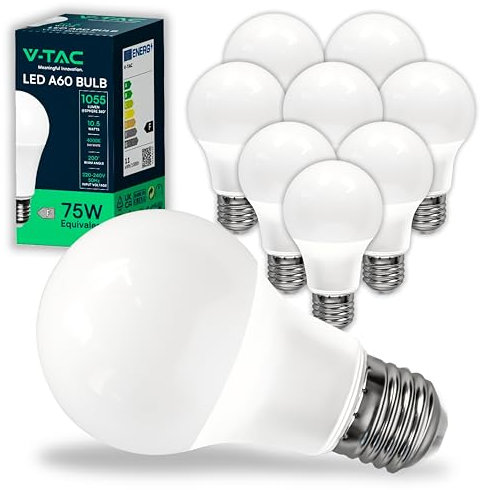 V-TAC 10x Lampadine LED A60 con Attacco E27 potenza 10.5W (Equivalenti a 75W) - Lampadine Nuova Generazione - 1055 Lumen - Massima Efficienza e Risparmio Energetico - 4000K Luce Naturale