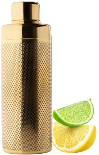 Taylors Eye Witness Coctelera Cobbler de acero inoxidable - 500 ml (17 fl oz). Colador de hielo incorporado, sello de silicona y tapa medidora de alcohol. Diseño moderno grabado en oro, ideal para pri