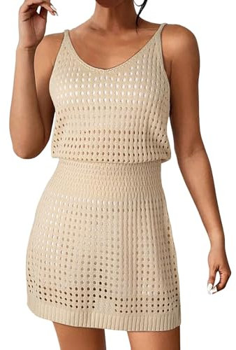 YCBMINGCAN 2024 frauen Sommer Strand Abdeckungen Hohl Casual Outwear frauen Gestrickte Hohl Bademode Abdeckungen Strand Gadgets Urlaub (Beige, M)
