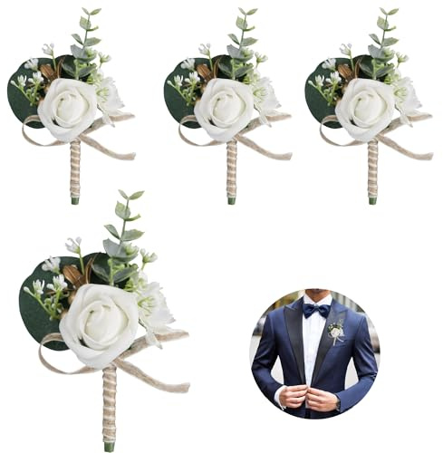 Huilimei Künstliche Herren-Rosen-Boutonniere, Brautschmuck, Brautjungfer, weiße Ansteckblume für Hochzeit, Party, Abschlussball, Dekoration (4), 8 x 14 cm, 4 Stück