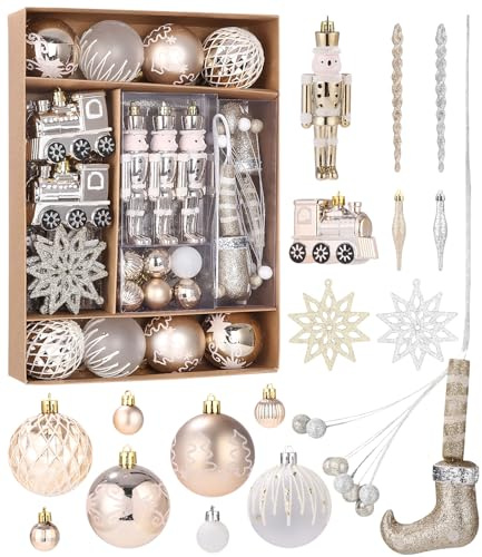SOBEAU Bolas de Navidad,50 Piezas Bolas de Navidad champán, Árbol de Navidad de plástico con cordón,Adornos de Navidad irrompibles para la decoración navideña y Las Fiestas