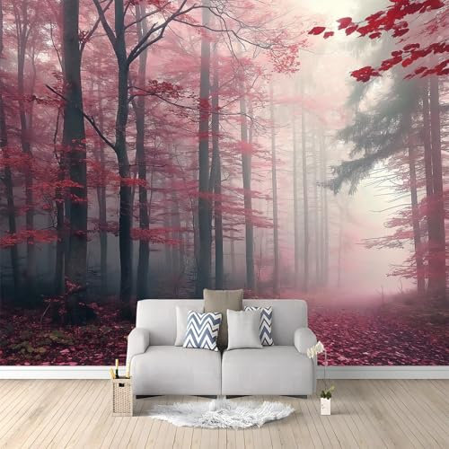 Papier Peint Intissé Brume Rouge Forêt 3D Mural Fond D'Écran Tapisserie Murales Panoramique 3D Mur De Fond Tv Papier Peint Chambre Enfant Adulte Poster Murales 200x140 cm
