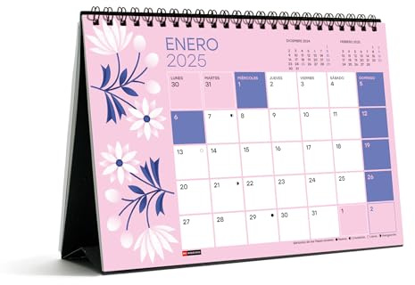 Miquelrius - Skrivbordskalender 2025, A5-kalender: 210 x 148,5 mm, med plats att kommentera, kalender 2025, dubbel spiralbindning, årlig skrivbordskalender, spanska, blomdesign