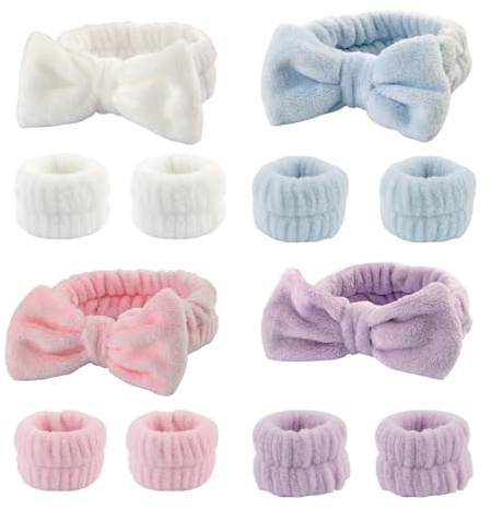 12 Pcs Skincare Headband Wristband Set, Stylish Bow-Tie Headbands Girls Wristbands with Soft Elasticity，Suitable for Makeup Facial Cleansing Spa Treatments Workouts (4 Colors)