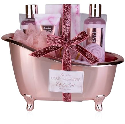 Accentra - COSY MOMENTS Bade- & Duschset in rosé - Geschenk Set zur Entspannung für Frauen zum Geburtstag oder Valentinstag - 7-Teiliges Wellness Geschenk- & Pflegeset mit Mini Deko-Badewanne
