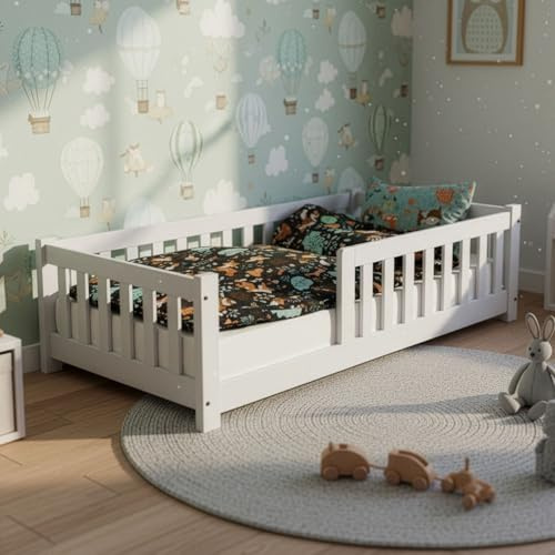 Juskys Lit au Sol Enfant Naya 90x200 cm avec Barrière de Sécurité et Sommier à Lattes, Lit à barreaux Montessori en Bois Massif Pin pour Enfants, Blanc