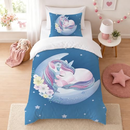 Caregchrisj Housse de Couette Licorne 90x190 pour Enfant Fille, Parure de Lit en Microfibre avec Fermeture Éclair Housse de Couette avec 1 Taie d'oreiller 40x60cm