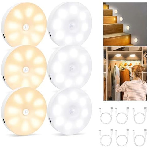 Kimuwote Luce Notturna Con Sensore di Movimento USB Ricaricabile, 6 Pezzi Lampada con Sensore di Movimento Interno, 3 Modalità di Luce Illuminazione A LED Per Scale, Armadio Per Corridoio, Scale
