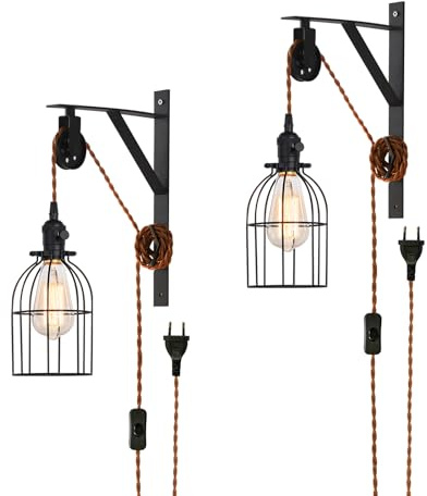 SEEBLEN Plug in Pendant Light Set of 2, Farmhouse Pulley Wall Lamp with 7-Foot Brown Plug in Cord & Switch, Industrial Hanging Lamps That Plug into Wall Outlet, Wall Sconces for Bedroom.
