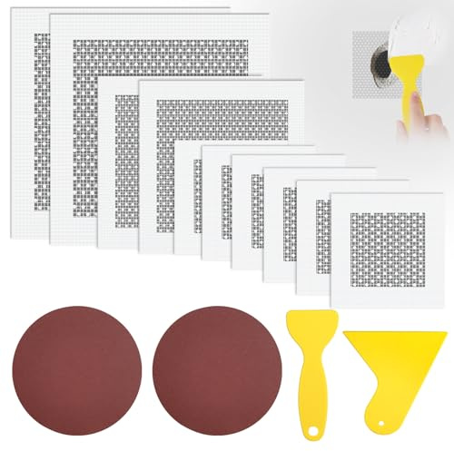 flintronic 14 Pcs Patch de Réparation de Mur en Aluminium, 10 Pcs 2/4/6 Inch Patchs Auto-Adhésif en Maille, 2 Papier de Verre 2 Grattoirs, Kit de Réparation de Cloison Sèche pour Murs Plafond