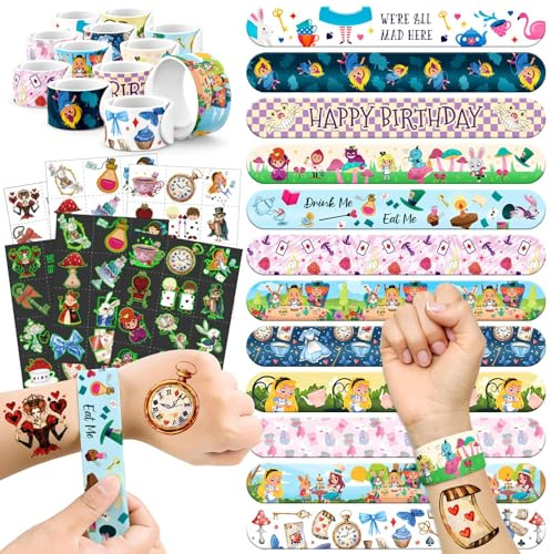 Set da 96 bomboniere per feste nel paese delle meraviglie, 72 tatuaggi temporanei pretagliati e 24 braccialetti schiaffi per bambini, perfetti per feste di compleanno a tema Alice e decorazioni per