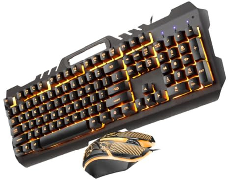 HOMSFOU Teclado y Ratón Metálico Retroiluminado RGB para Oficina, Conjunto Conexión USB, Diseño Ergonómico, Teclado Mecánico Iluminado Naranja, Ratón Moderno para Uso Profesional