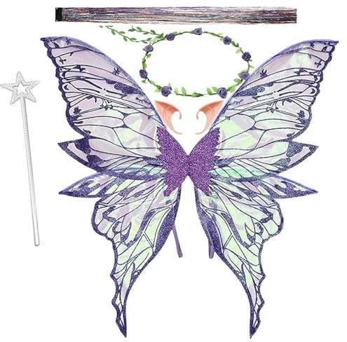 Jiahuade Ailes de Fée,Ailes de Papillon,Ailes de Fée Adulte, Oreilles d'Elfe,Bandeau de Fée Et Baguettes de Fée Étoile, Cosplay, Fête d'anniversaire,Costume d'Aile pour Carnaval ou Soirées (Violet)