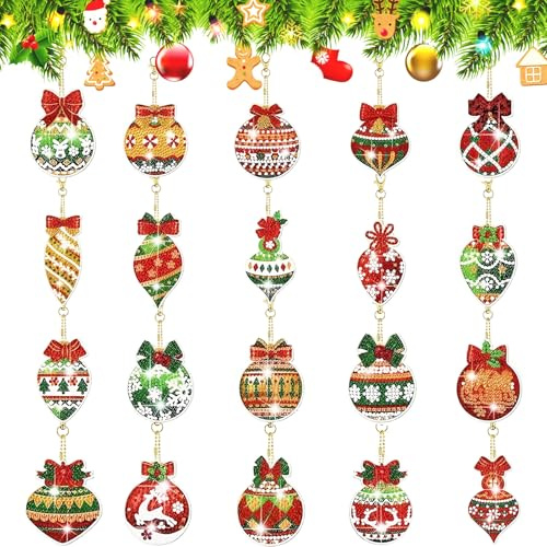 Nirecu 20 Stück Diamond Painting Weihnachten Set,5D Diamond Painting Weihnachten Anhänger Kinder,DIY Diamant Malerei Schlüsselanhänger Beidseitig für Weihnachtsbaum Deko Adventskalender