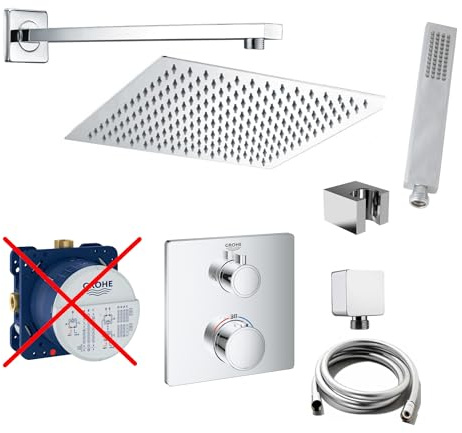 vanvilla Duschsystem Unterputz mit Duscharmatur Grohe poliert G89-ob | Duscharmatur von Grohe Grohtherm Thermostat Armatur und vanvilla Regendusche Duschkopf eckig, Dusch-SET poliert