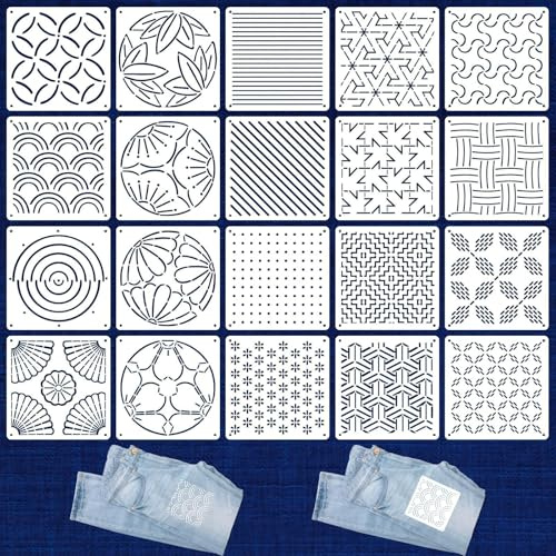 Evadollina Set di Stencil Sashiko 20 Pezzi, 13 x 13 cm, mascherine in plastica per Disegni Geometrici, Quilting a Mano, Cucito e Design Tessile, Stencil con Lettere, Natale