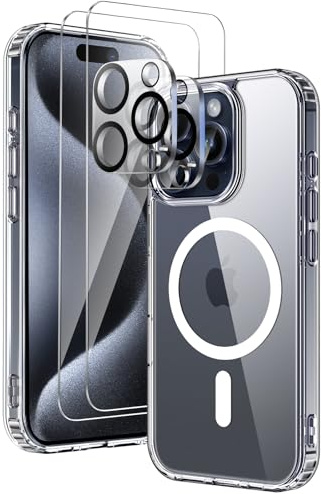 COPIKE Funda Magnética para iPhone 15 Pro con 2 Cristal Templado y 2 Protector Cámara, Compatible con MagSafe, Carcasa Antigolpes Anti-Amarillo Tapa Trasera Resistente Arañazos, Transparent