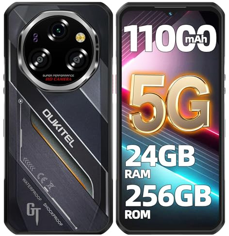 OUKITEL WP62 Rugged Smartphone 5G, 24GB+256GB/2TB, 11000mAh Battery, 108MP Camera Rugged Phone, 6.6 FHD+ 120HZ Display Android 15 Phone, NFC/OTG/GPS/5G Dual SIM-Free & Unlocked Mobile Phones, Black