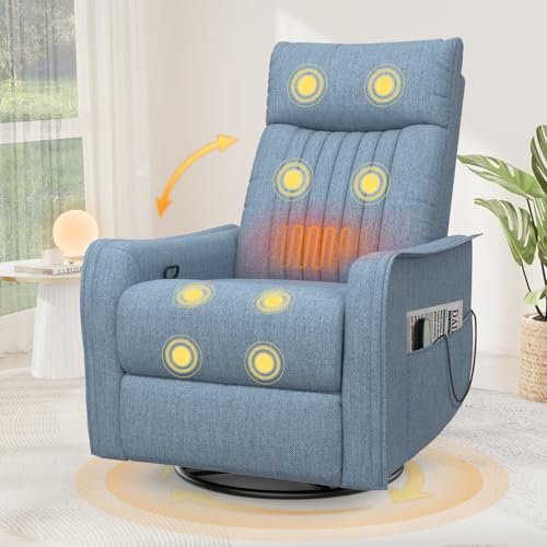 Srfzluxy Fernsehsessel Massagesessel mit Liegefunktion, Relaxsessel mit Wärme und Massage, 360°Drehbarer TV Sessel Wohnzimmer, Schaukelstuhl mit Gepolsterte Kopfstütze, 2 Seitentaschen