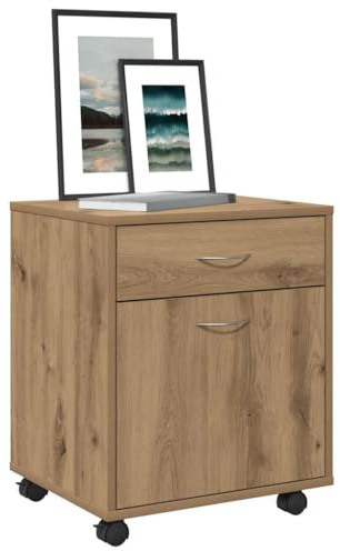 Mokuyary rullbehållare artisan-ek 45 x 38 x 54 cm, rullcontainer av trä med dörr och låda, mobilt arkivskåp med rullar, kontorsbehållare, sidobord för vardagsrum