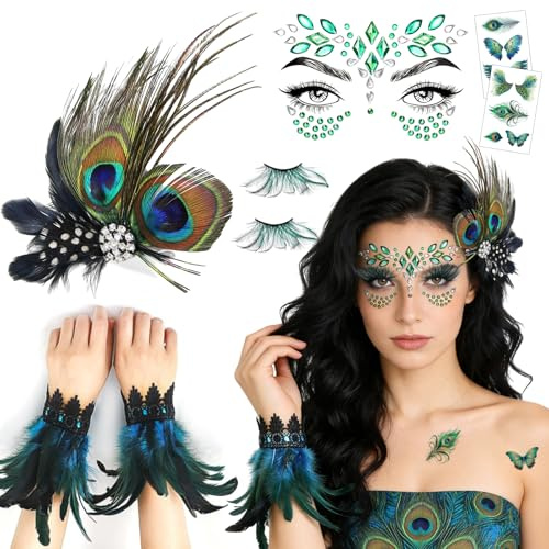 GluckGeschenk 8 Stück Pfau Kostüm Damen, Pfauen Kostüm Damen Set - Kopfschmuck + Glitzersteine Gesicht + Federarmband + Wimpern Federn + Tattoos, Pfau Accessoires zum Karneval Cosplay Halloween