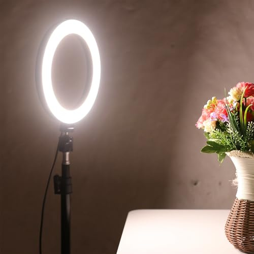 RASTKY Lampada Video per Fotocamera USB da 10 Pollici con Set Treppiede con Clamp/Holder per Telefono per Truccatori Luce Circolare con Resa Cromatica Elevata