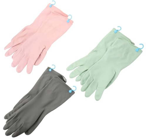 WEKADRIN 3 Pairs Waterproof Rubber Dish Washing Gloves with Hooks, Non-slip Skin-friendly Kitchen Cleaning Gloves, Mint Green, Dark Grey, Purple, Size S for Household and Gardening Use