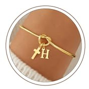 Turandoss Gold Initial Cross Bracelets for Womens Girls - 14K Gold Plated Cross Bracelet for Women Adjustable Initial Knot Bangle Bracelets Birthday Christian Communion Gifts for Women Teenage Girls