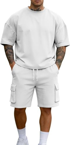 MJGkhiy Tuta Uomo Completa Estiva Corta,2 Pezzi Tute da Ginnastica T shirt Manica Corta +Pantaloncini Cargo Sportivi con Tasche Set Leggero Traspirante Streetwear per Trekking Jogging Palestra Fitness