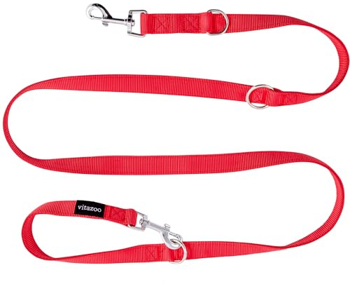 vitazoo Correa para Perros en Rojo, Fija y Ajustable en 4 Longitudes - Adecuada para Perros Grandes y Fuertes - Correa para Perros, Correa Doble - Longitud Total 2 m