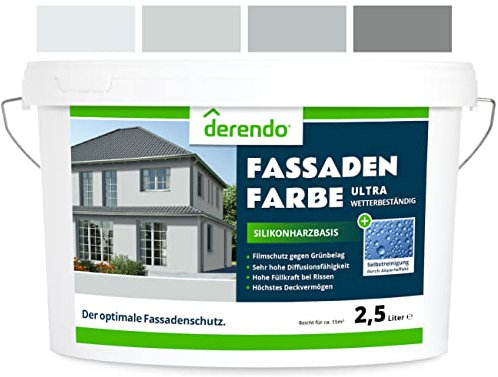 derendo Silikonharz Fassadenfarbe grau mit ULTRA Wetterschutz, 2,5l, Abperleffekt wie beim Lotus Blatt, inkl. Schutz vor Verunreinigungen durch hochwertige Silikonharz-Beschichtung, (Hellgrau 15-56)