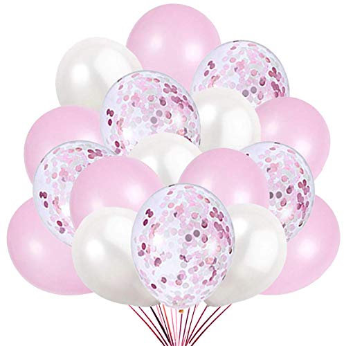 50 Ballons Rose Blanc Confettis. 40 Ballons de Baudruche Rose et Blanc +10 Ballons Latex Transparent avec Confettis pour Deco Anniversaire, Fête Mariage et Decoration Baby Shower