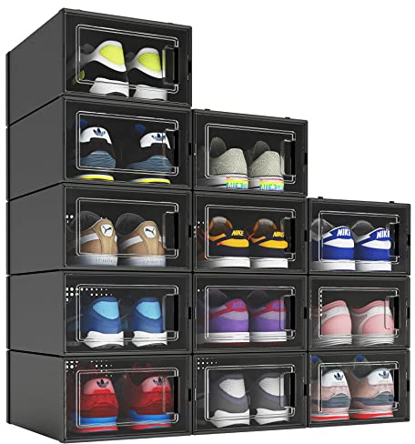 MELDEVO 12 Pack Shoe Organizer Boxes, Black Plastic Stackable Shoe Storage Bins For Closet, Space Saving Shoe Holder Sneaker Display Case for Medium Size Shoes