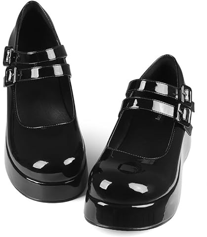 Accloris Platform Mary Jane Shoes Women Girls,Ankle Strap Round Toe Goth Chunky Uniform Dress Pumps Shoes Oxfords Black Patent