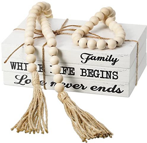 Jetec Lot de 3 Livres décoratifs pour décoration d'intérieur - Faux Livres Blancs de Ferme empilés avec Pompons en Perles de Bois pour Tables Basses, 147 cm (Famille où la Vie commente)