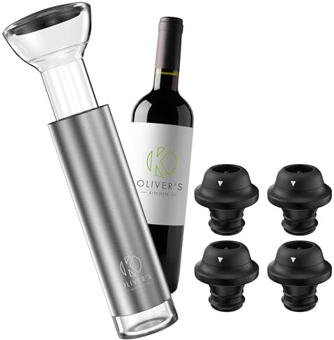 Oliver's Kitchen ® Exklusives Weinverschluss-Set - Vakuumpumpe mit 4 Weinkorken - Weinstopfen halten den Wein länger frisch - Weinkonservierer perfekt für Korkflaschen