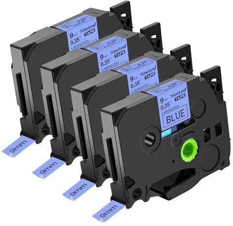 NineLeaf 4 Packung Ersatz für Brother P-Touch TZe-521 TZe521 TZ521 AZe 9mm 0.35'' Bänder Laminiertes Schwarz auf Blau Schriftband für Ptouch PT-D200 D450 D400VP D400 E300 E100 Beschriftungsgerät