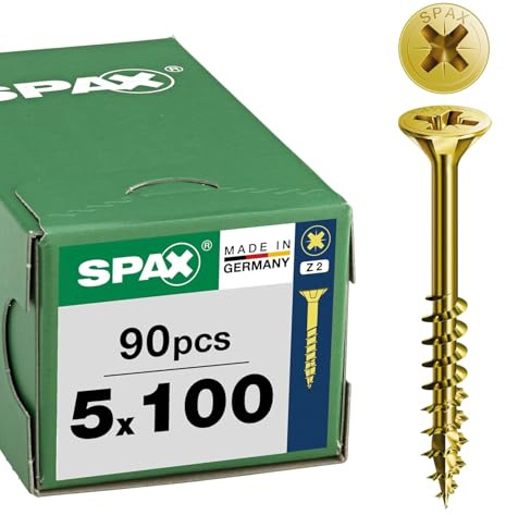 SPAX Vis universelle 5 x 100 mm, 90 pièces - Vis à bois, filetage partiel, tête fraisée, empreinte cruciforme Z2, pointe 4CUT, revêtement YELLOX - 8000000288180