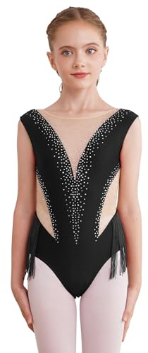 IEFIEL Maillot de Gimnasia Rítmica para Niña Leotardo de Ballet sin Manga con Pedrería Brillante Maillot de Bailarina Disfraz de Baile Competición 1-14 Años S Negro 10 años